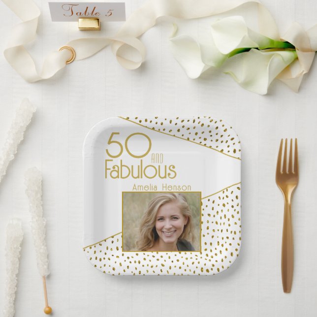 50 and Fabulous Gold Glitter Photo 50th Birthday Paper Plate (Wedding)