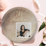 50 and Fabulous Gold Glitter Photo 50th Birthday Paper Plate<br><div class="desc">Rustic 50 and Fabulous Gold Glitter Photo 50th Birthday Paper Plates. The design has faux gold glitter dots and the saying 50 and fabulous is in modern script. Make your own 50th birthday party paper plates for her. Customise with the name,  age and insert your photo into the template.</div>