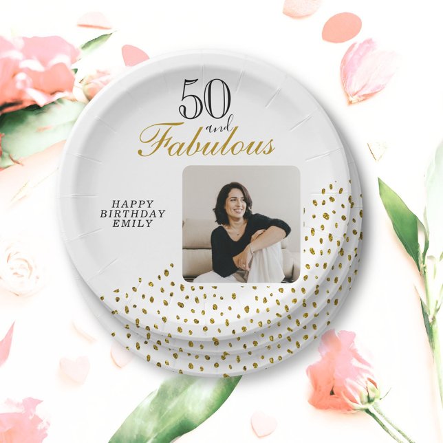 50 and Fabulous Gold Glitter Photo 50th Birthday Paper Plate (Creator Uploaded)