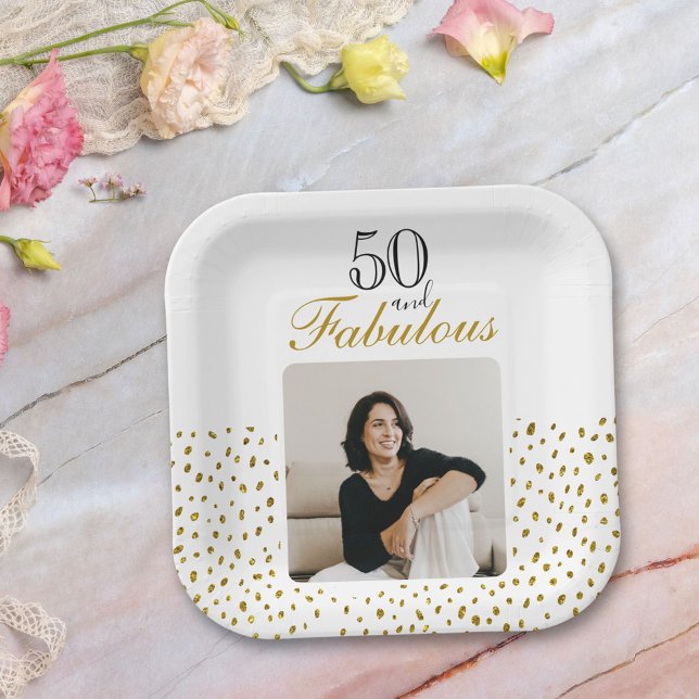 50 and Fabulous Gold Glitter Photo 50th Birthday Paper Plate (Creator Uploaded)