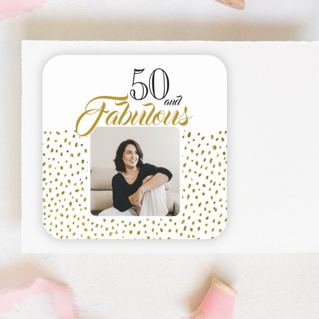 50 and Fabulous Gold Glitter Photo 50th Birthday Square Sticker (Creator Uploaded)