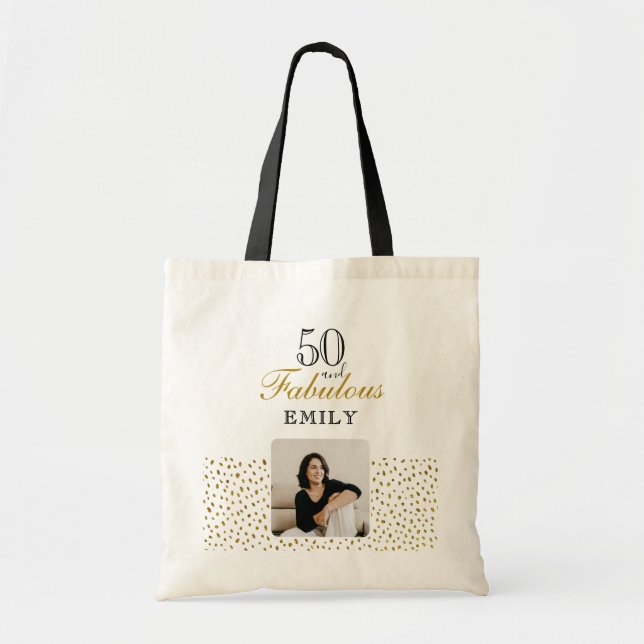 50 and Fabulous Gold Glitter Photo 50th Birthday Tote Bag (Front)