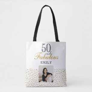 50 and Fabulous Gold Glitter Photo 50th Birthday Tote Bag