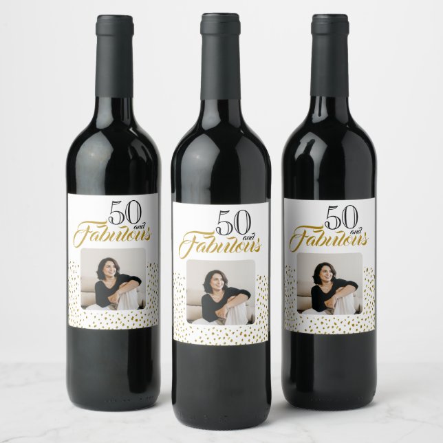 50 and Fabulous Gold Glitter Photo 50th Birthday Wine Label (Bottles)