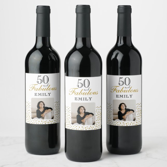 50 and Fabulous Gold Glitter Photo 50th Birthday Wine Label (Bottles)
