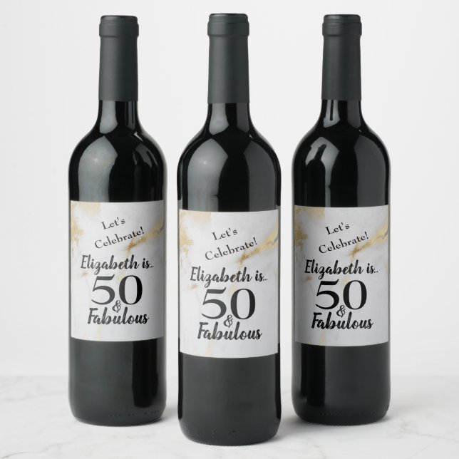 50 and Fabulous Gold Grey Marble with Black Text  Wine Label (Bottles)