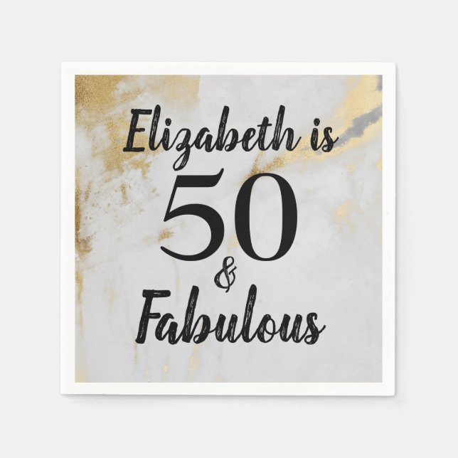 50 and Fabulous Gold Marble with Black Text Napkin (Front)