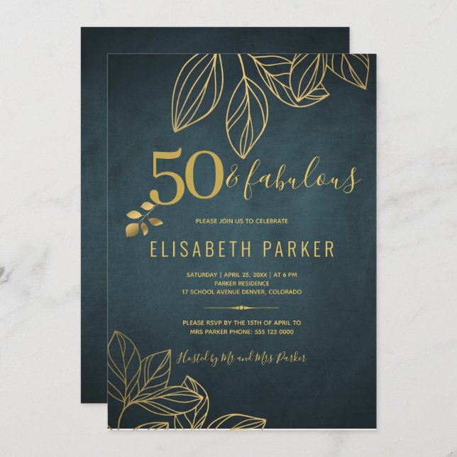 50 and fabulous gold navy 50th birthday party invitation (Front/Back)