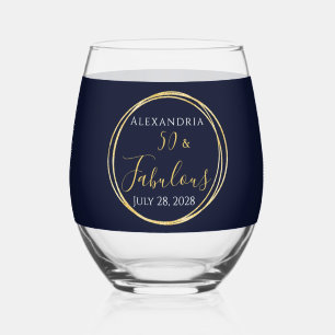 50 and Fabulous Gold Navy Birthday Stemless Wine Glass