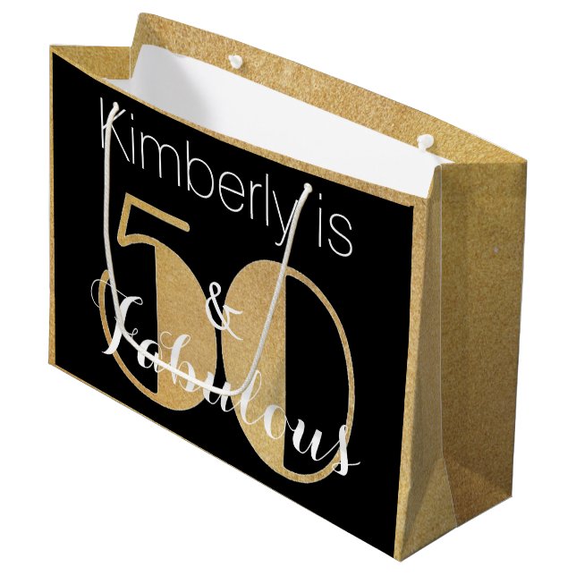 50 and Fabulous Gold Personalised Birthday Party Large Gift Bag (Front Angled)