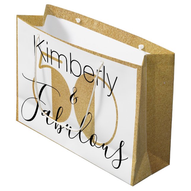 50 and Fabulous Gold Personalised Birthday Party Large Gift Bag (Front Angled)