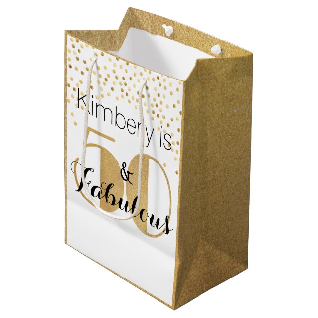 50 and Fabulous Gold Personalised Birthday Party Medium Gift Bag (Front Angled)