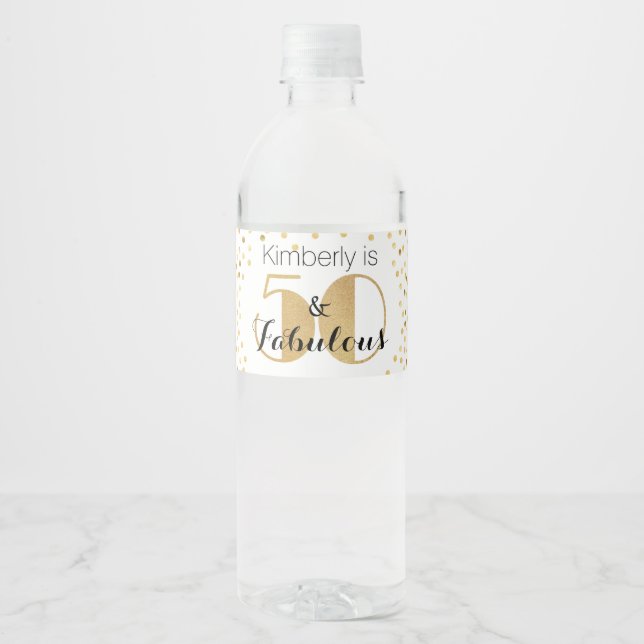 50 and Fabulous Gold Personalised Birthday Party Water Bottle Label (Front)