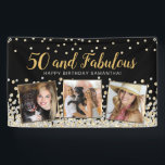 50 and Fabulous Gold Photo Collage 50th Birthday Banner<br><div class="desc">Elegant custom birthday banner design featuring gold and silver confetti over a black background,  modern script typography with the words "50 and Fabulous" (in gold),  "Happy Birthday" with your custom name (in silver),  and three of your favourite photos framed in metallic gold foil squares.</div>