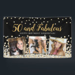 50 and Fabulous Gold Photo Collage 50th Birthday Banner<br><div class="desc">Elegant custom birthday banner design featuring gold and silver confetti over a black background,  modern script typography with the words "50 and Fabulous" (in gold),  "Happy Birthday" with your custom name (in silver),  and three of your favourite photos framed in metallic gold foil squares.</div>