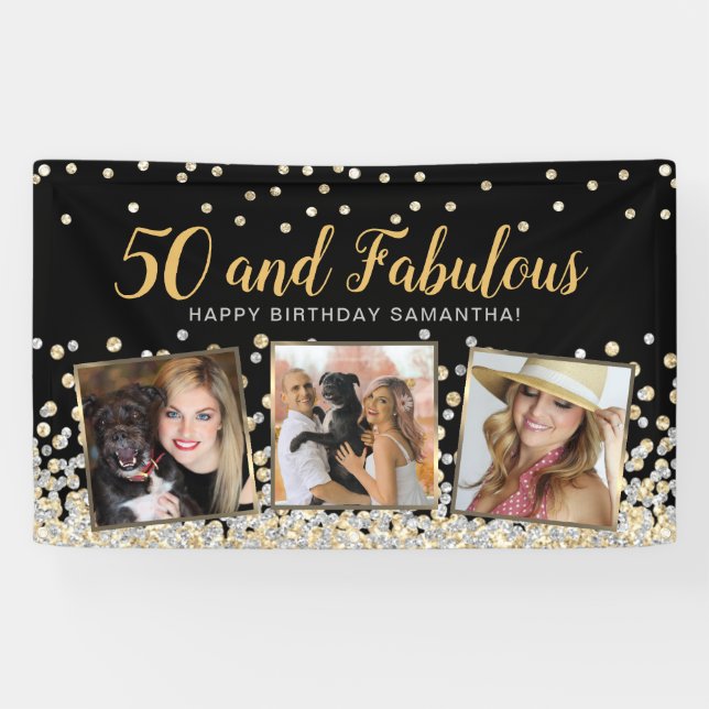 50 and Fabulous Gold Photo Collage 50th Birthday Banner (Horizontal)