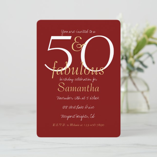 50 and Fabulous Gold Red 50th Birthday Invitation (Standing Front)