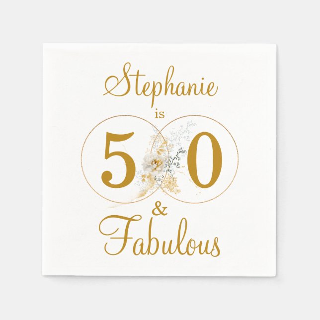 50 and Fabulous Gold Script Name Birthday Party Napkin (Front)