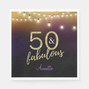 50 and Fabulous Gold Stars Purple Birthday Party Napkin