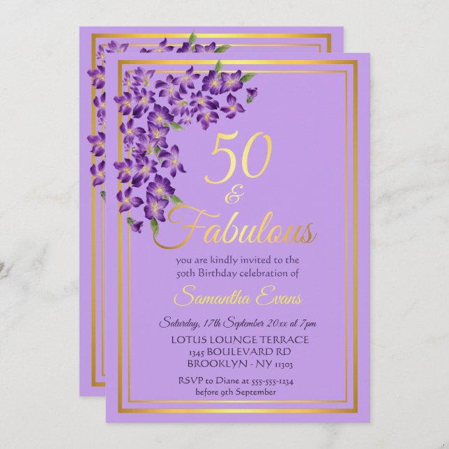 50 and Fabulous Gold Violet 50th Birthday   Invitation (Front/Back)