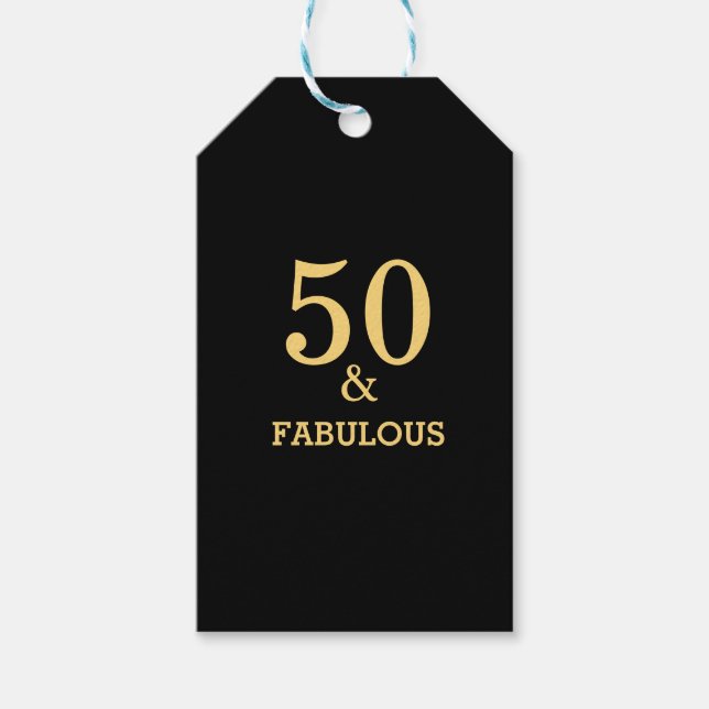 50 And Fabulous Golden Yellow Black Birthday Party Gift Tags (Front)