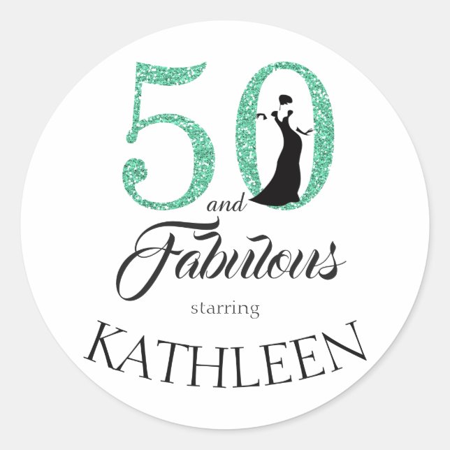 50 and Fabulous Green Glitter Custom Name Classic Round Sticker (Front)