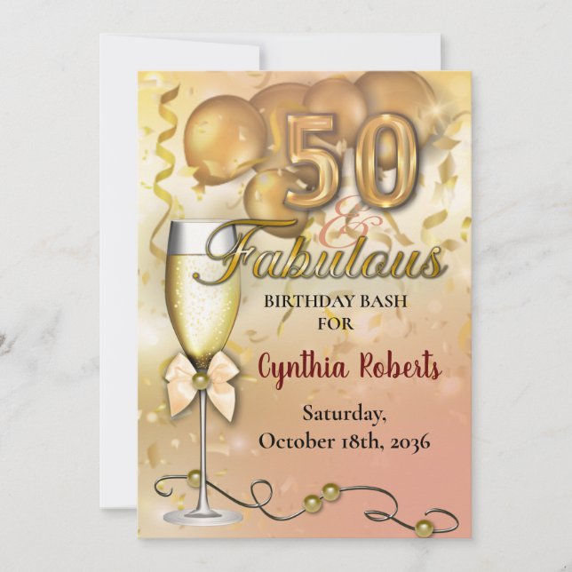 50 and Fabulous Luxurious Gold Balloons Invitation (Front)