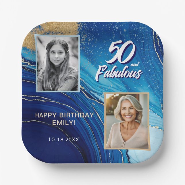 50 and Fabulous Marble Glitter 2 Photo Birthday Paper Plate (Front)
