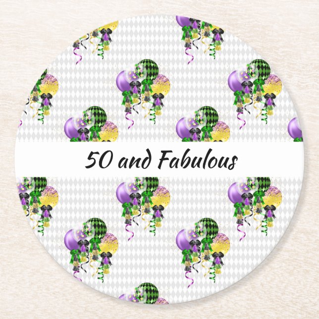 50 and Fabulous Mardi Gras Ballons Round Paper Coaster (Front)