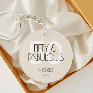 50 and fabulous Modern Beige Fifty Birthday Party Key Ring