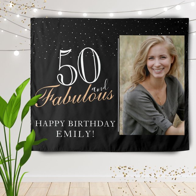 50 and Fabulous Modern Black 50th Birthday Photo  Tapestry (Creator Uploaded)
