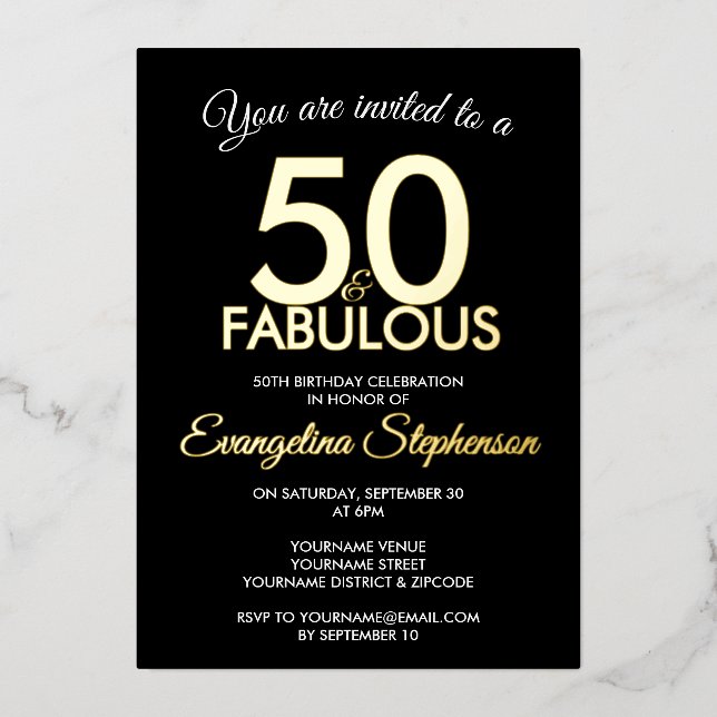 50 and Fabulous Modern Black Gold 50th Birthday  (Front)
