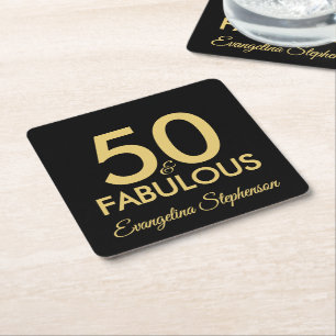 50 and Fabulous Modern Black Gold 50th Birthday Square Paper Coaster