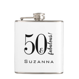 50 and Fabulous Modern Black Typography Hip Flask