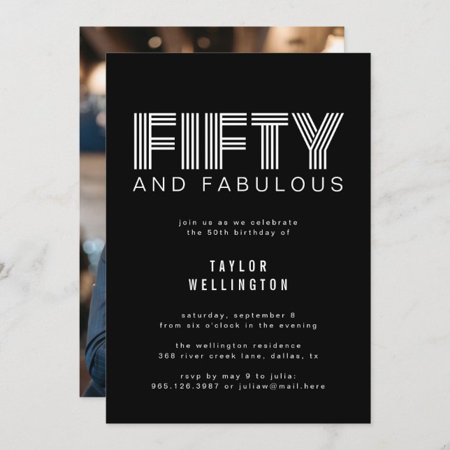 50 and Fabulous Modern Black White Birthday Party  Invitation (Front/Back)