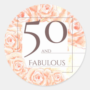 50 and Fabulous Modern Floral Pink Roses Brown Classic Round Sticker