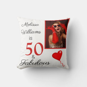 50 and Fabulous Name and Photo Red 50th Birthday Cushion