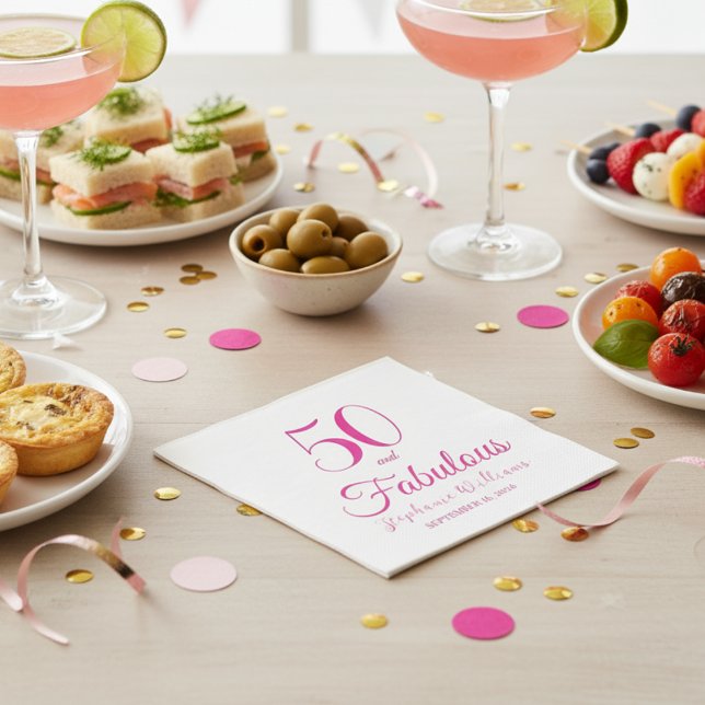 50 and Fabulous Name Date 50th Birthday Party Napkin (Creator Uploaded)