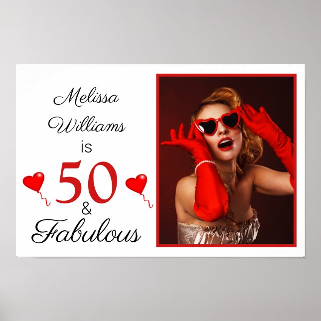 50 and Fabulous Name Photo Red 50th Birthday Small Poster (Front)
