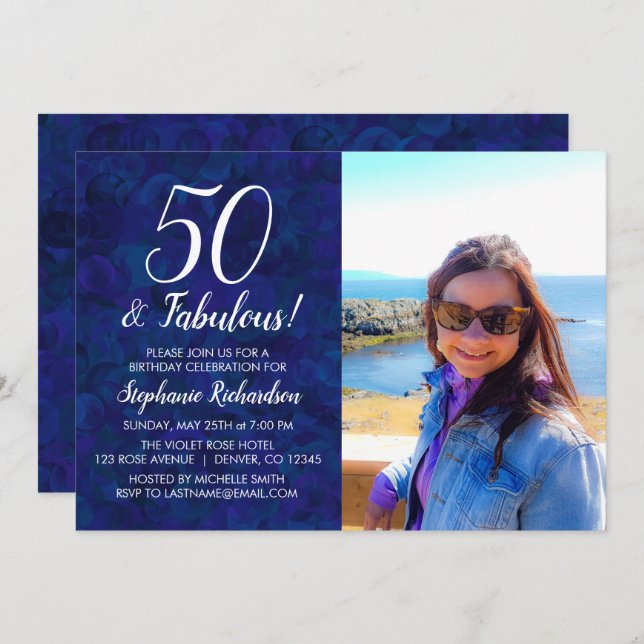 50 and Fabulous Navy Blue Photo Birthday Party Invitation (Front/Back)