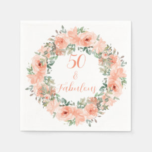 50 and Fabulous Peach Floral Watercolor Birthday Napkin