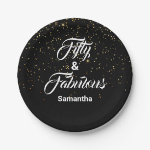 50 and Fabulous Personalised Gold Glitter Black Paper Plate