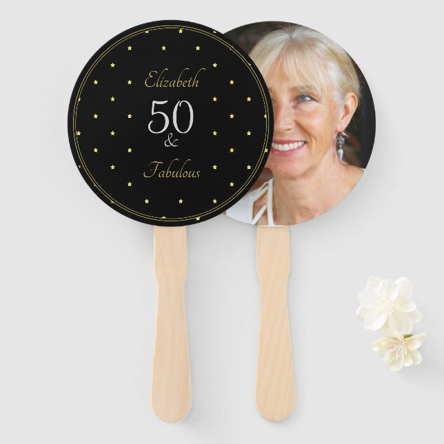 50 and Fabulous Photo black and gold Hand Fan (Front and Back)