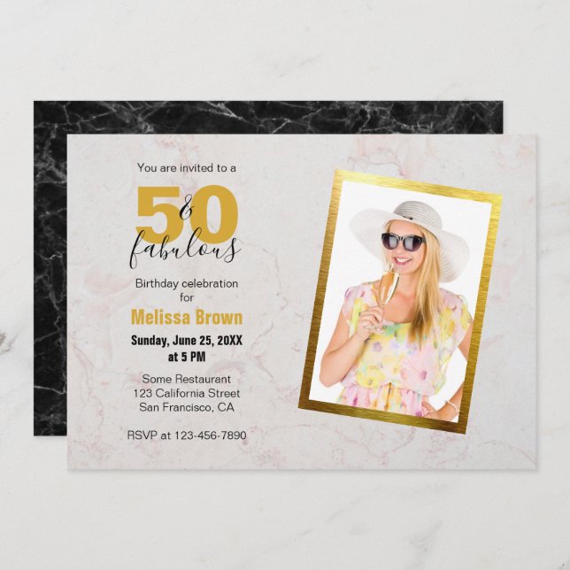 50 and Fabulous Photo Marble Gold Modern Birthday Invitation (Front/Back)