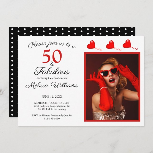 50 and Fabulous Photo Red 50th Birthday Black WH Invitation (Front/Back)
