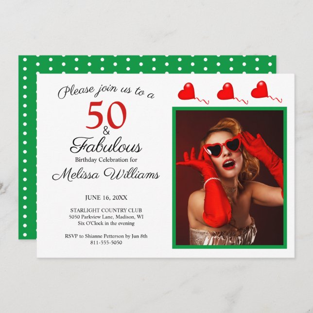 50 and Fabulous Photo Red 50th Birthday Green WH Invitation (Front/Back)