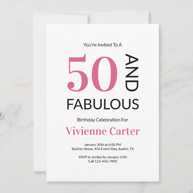 50 and Fabulous Pink 50th Birthday Party Invitation (Front)