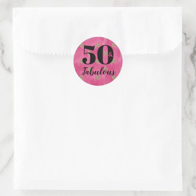 50 and Fabulous Pink and Gold Birthday Party Classic Round Sticker (Bag)