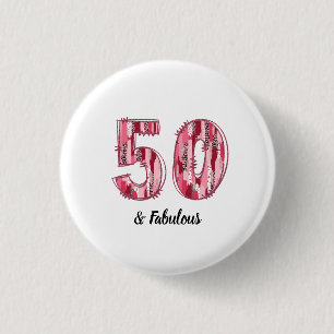 50 and Fabulous Pink and Leopard Brush Strokes 3 Cm Round Badge