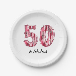 50 and Fabulous Pink and Leopard Brush Strokes Paper Plate